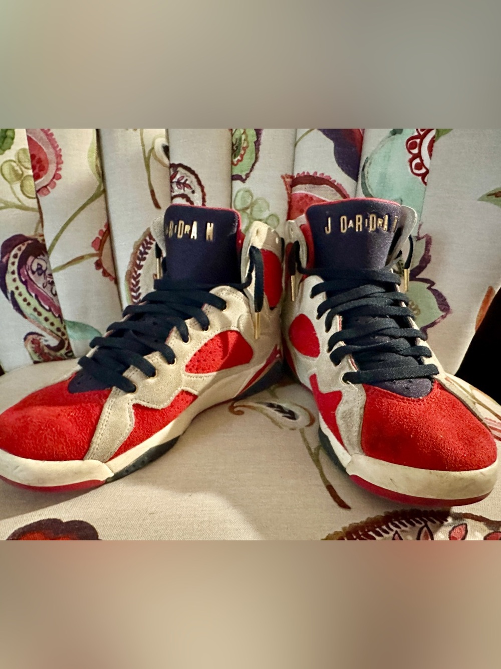 Jordan Men's High-Top Sneakers in Red, Cream, and Black with Gold Details